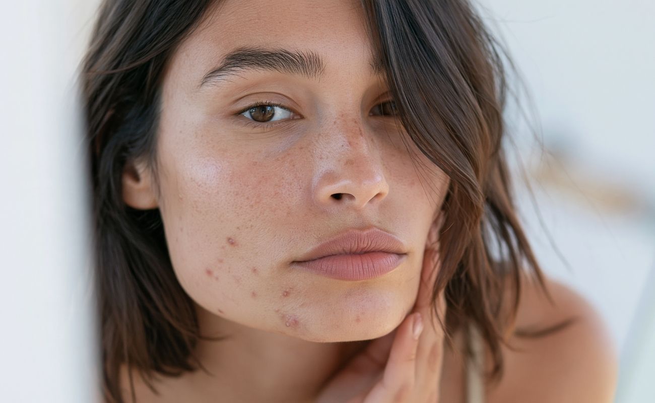topical spironolactone for acne woman with visible hormonal acne along her jawline and cheek, relevant to getting topical spironolactone for hormonal acne