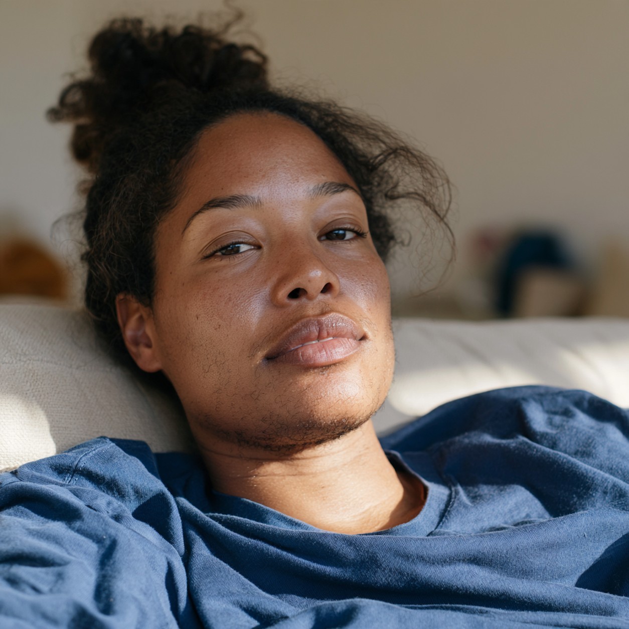 Hirsutism symptoms in women Woman with visible excess hair growth along her chin and jawline